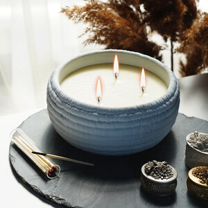 - Candleaf Hasır Sepet Beton Mum -Mavi  - Candleaf Hasır Sepet Beton Mum -Mavi